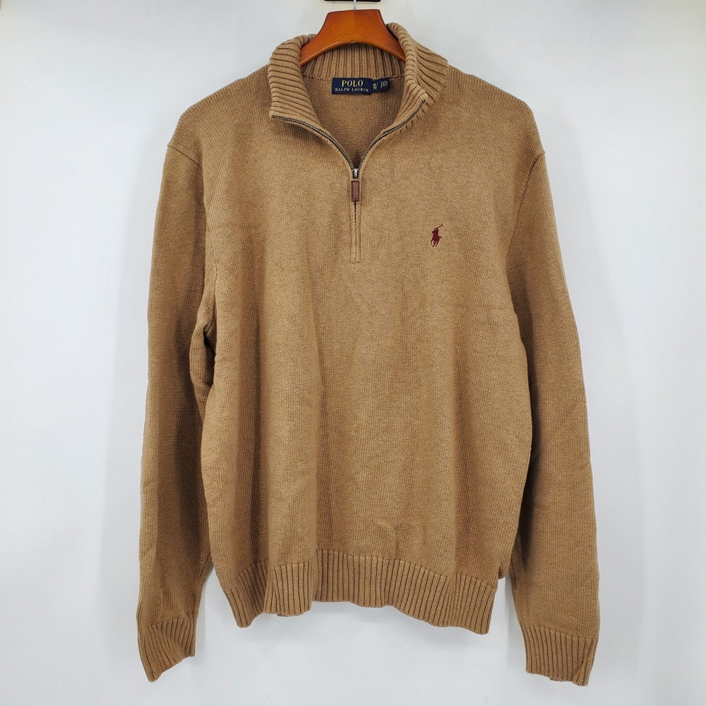 Polo Ralph Lauren Men XL Tan Cotton Quarter Zip Pullover Sweater Camel Pony Logo